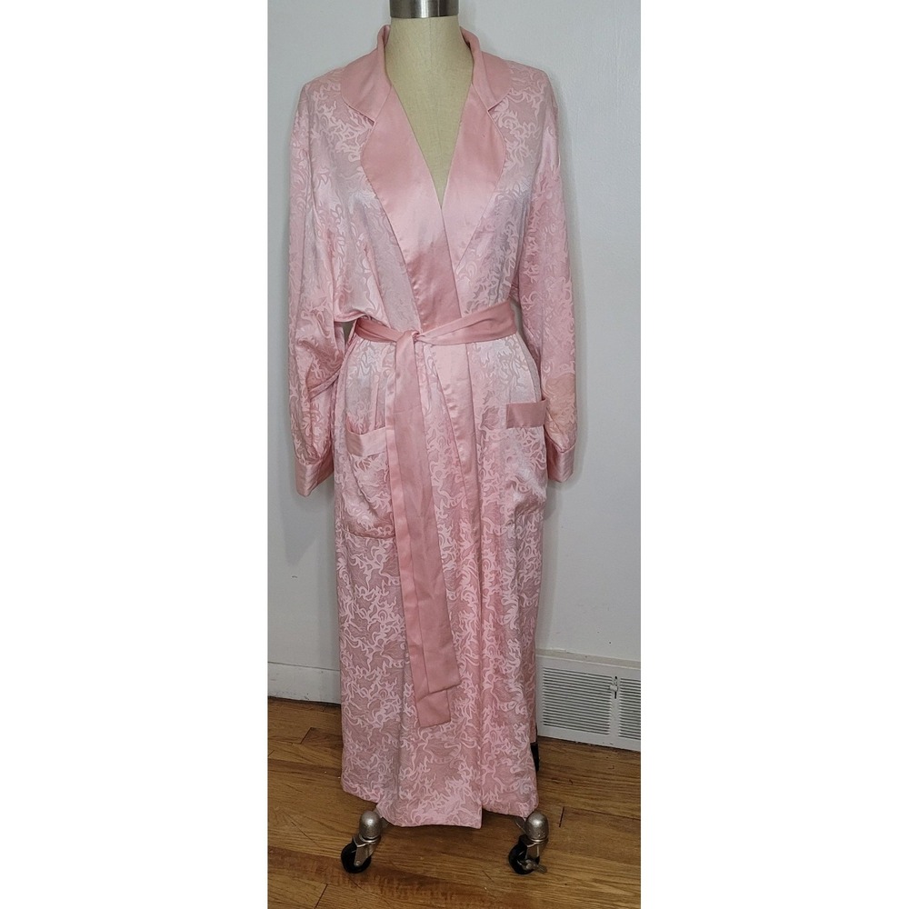 Victoria's Secret Gold Label Pink Satin Long Robe Floral Damask Kimono Sz Small
